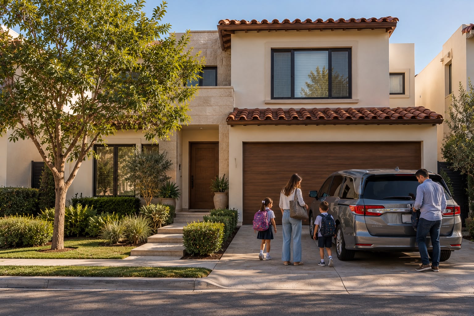 Familia con sus hijos junto a su auto frente a una casa con jardín